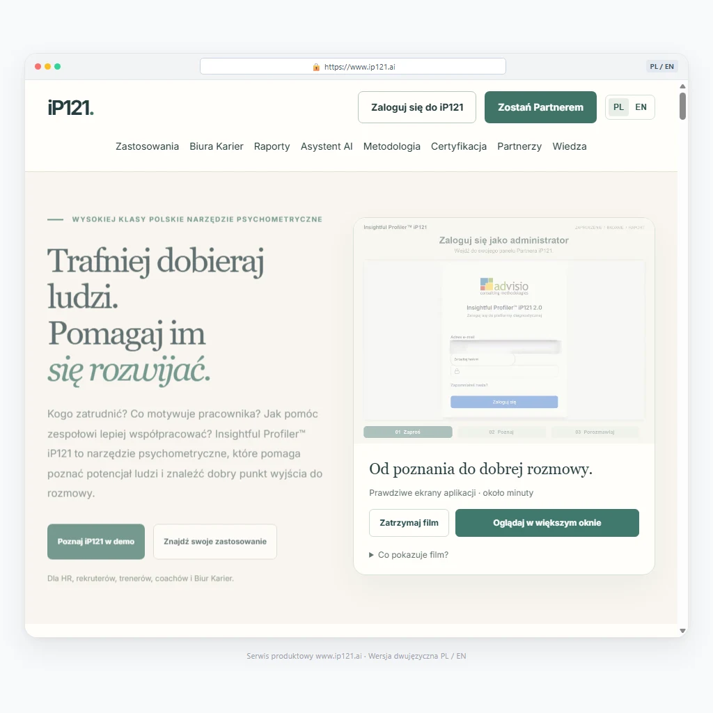 Strona główna serwisu iP121.ai — prezentacja narzędzia psychometrycznego, raportów i asystenta AI