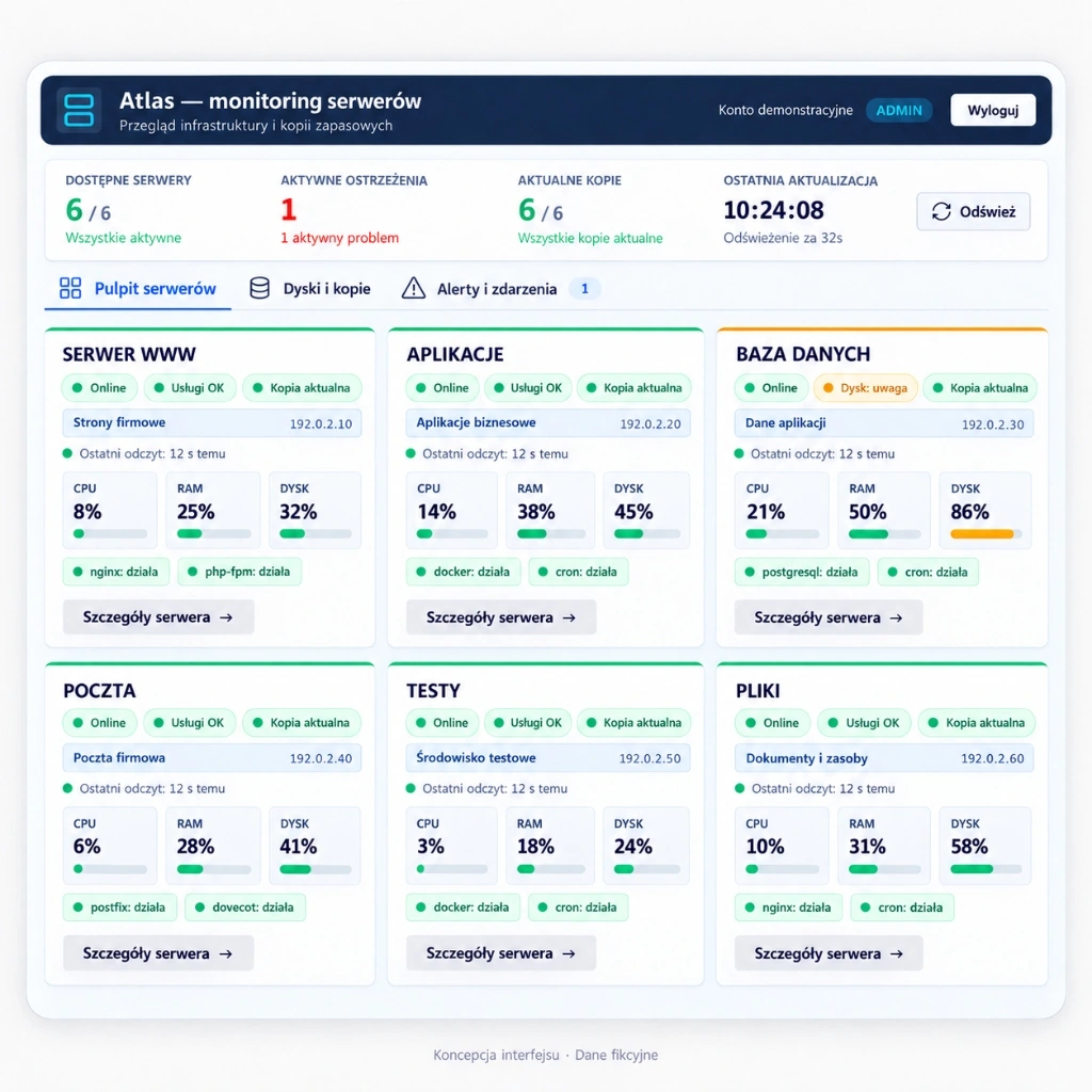 Panel monitorowania serwerów Atlas — status maszyn, obciążenie zasobów i usługi; dane fikcyjne